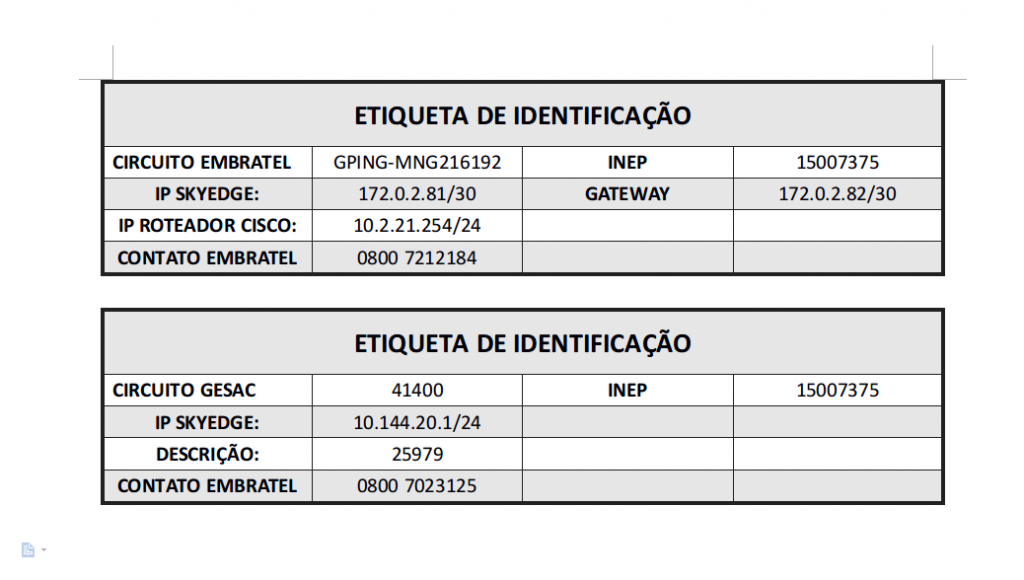 Etiqueta de identificação dos equipamentos
